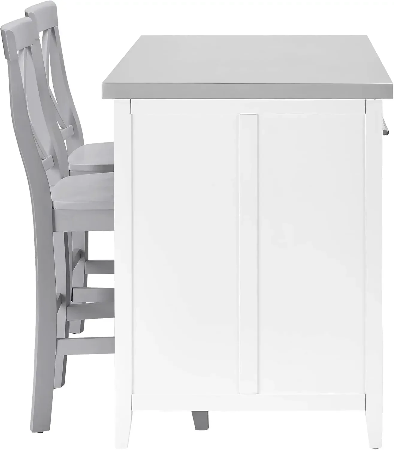 Crosley Furniture Silvia Kitchen Island con tapa de acero inoxidable y taburetes con respaldo en X, blanco/gris