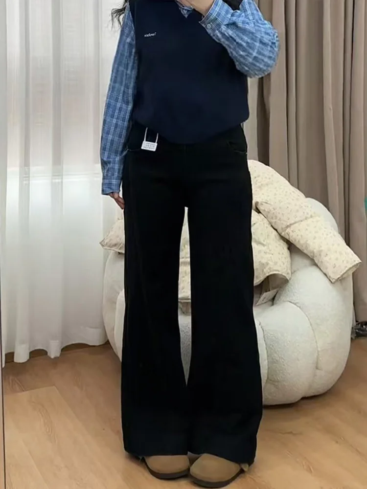 حجم كبير عالية الخصر متوهج الجينز المرأة الخريف الشتاء Fce اصطف فضفاض مستقيم الساق السراويل مريحة لينة سراويل جينز