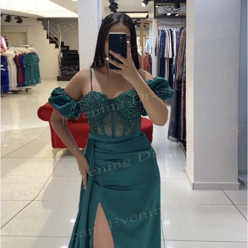 Vestido de noche verde clásico para mujer, traje Sexy de sirena con abertura lateral alta, cuentas, 2024