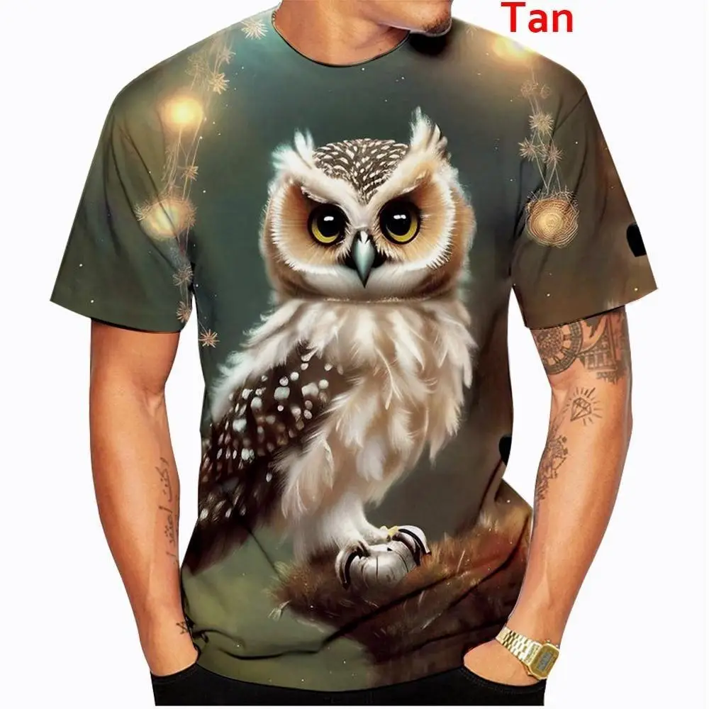 Men Short Eared Owl Wild Flowers 3D Full Print Short Sleeve T-Shirt Crew Neck Casual Tops Multi Colors