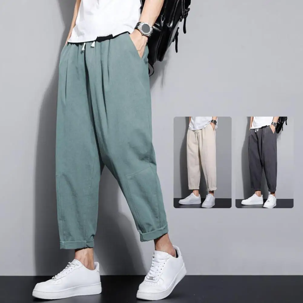 

Men Casual Trousers Japanese Style Wide Leg Men's Ninth Pants with Drawstring Elastic Waist Side Pockets Retro Gym Traning