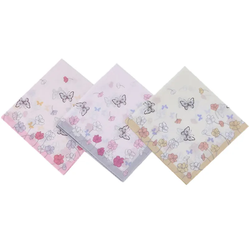 3 Stück 45 x 45 cm quadratisches Baumwoll-Taschentuch mit Schmetterlings- und Rosenblumenmuster für Damen, Damen-Handtuch, Hochzeit, Party, Geschenk, Furoshiki – Detail 1