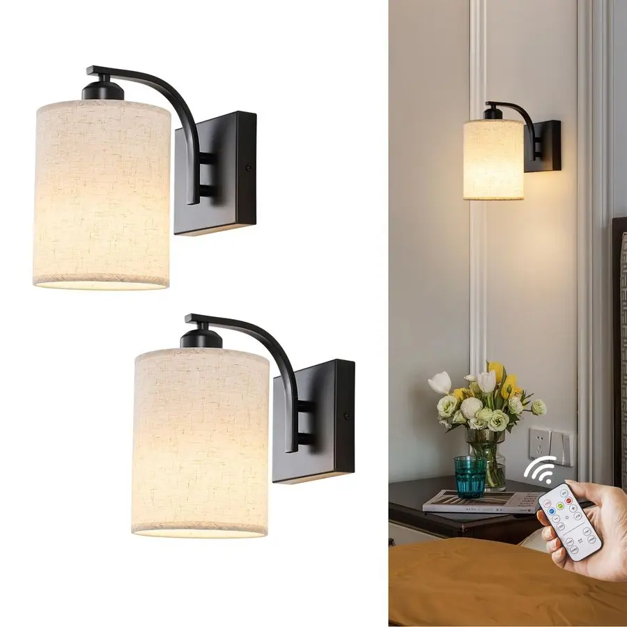 

Rechargeable Battery Operated Wall Sconces Set of 2 with Remote, Wireless Dimmable Battery Powered LED Wall Lights, Cordless Wal