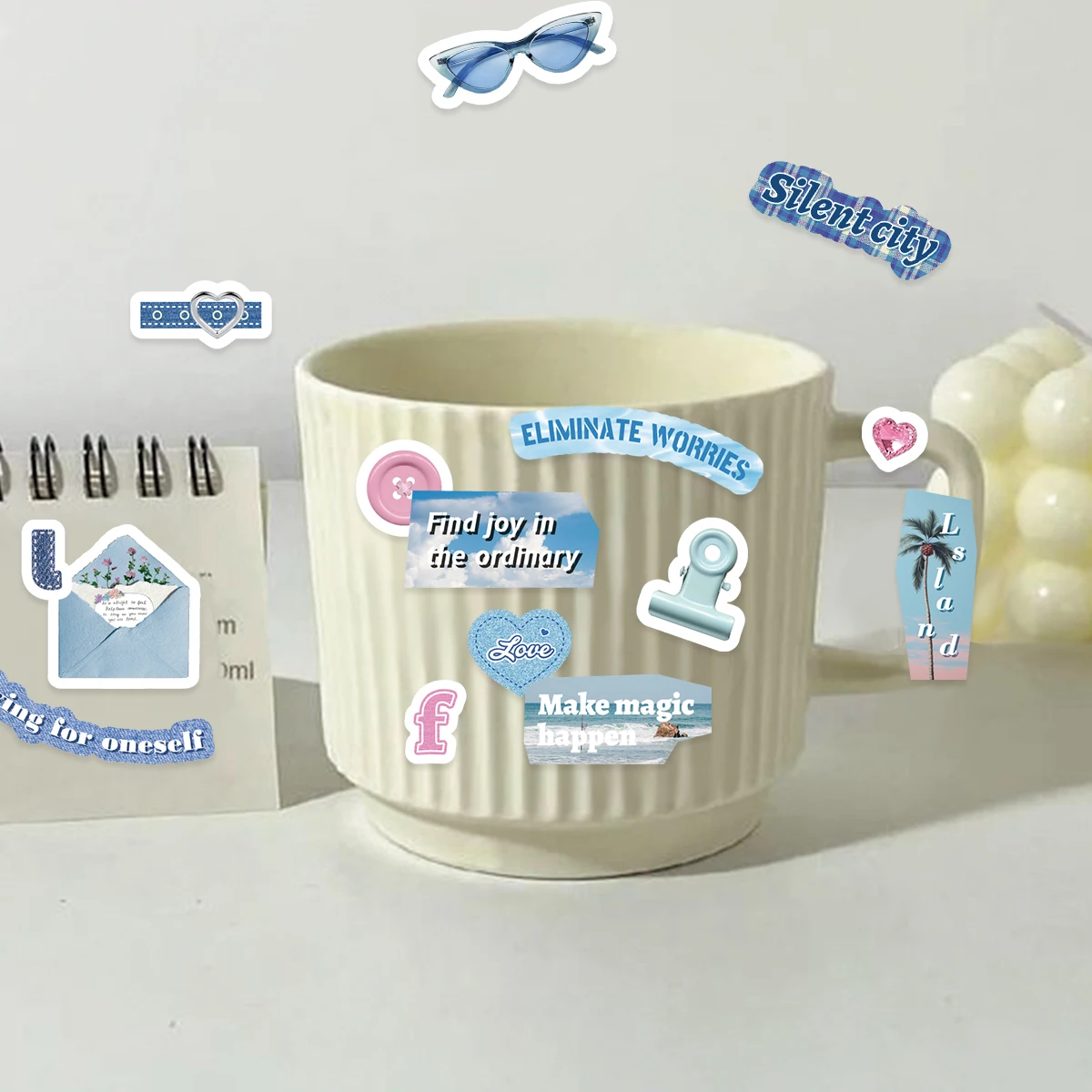 122pcs Blue Slogan Cute Graffiti Stickers Decorative Notes Cup Diary Student Stationery Scrapbook Waterproof PVC Decals