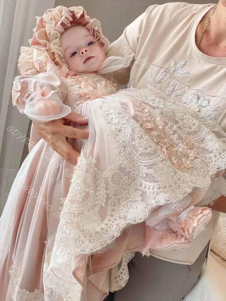 Infants Christening Dress With Bow Sequined Appliqued Tulle Baptism Dress Customized Baby Girls Party Ball Gown for Flower Girls