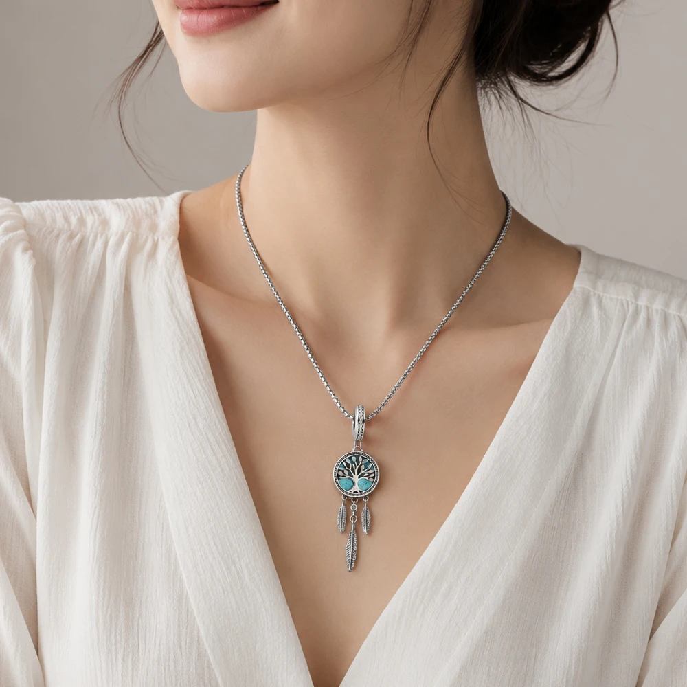 Charms Dreamcatcher With Tree 925 Sterling Silver Pendants Lucky Jewelry Making DIY Handmade Craft