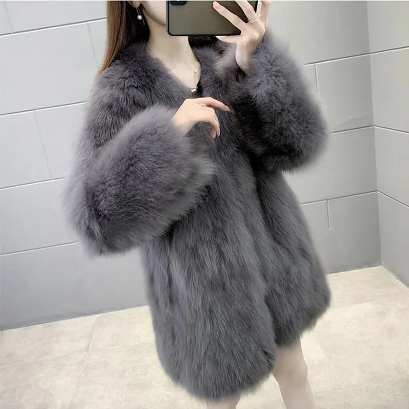 Fairycore Autumn Winter Women's Coats Faux Fur Thick Warm 2024 Fashionable and Simple V-neck Slimming Women's Clothing