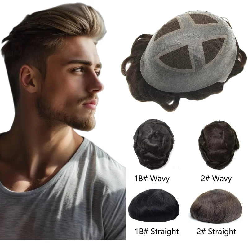

Invisible Mono Base Men's Toupee Cross Over PU | Lace+PU Sides Human Hairpiece, Color #4 For Receding Hairline Wig