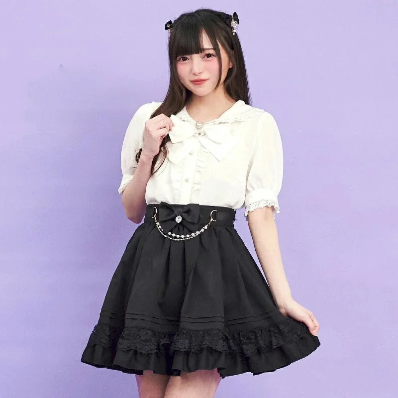 Japanese Rojiita Sweet Rabbit Ear Shirt Short-sleeved Top Bow O-Neck Lace Fungus Edge Versatile Single-breasted Blouse Ladies