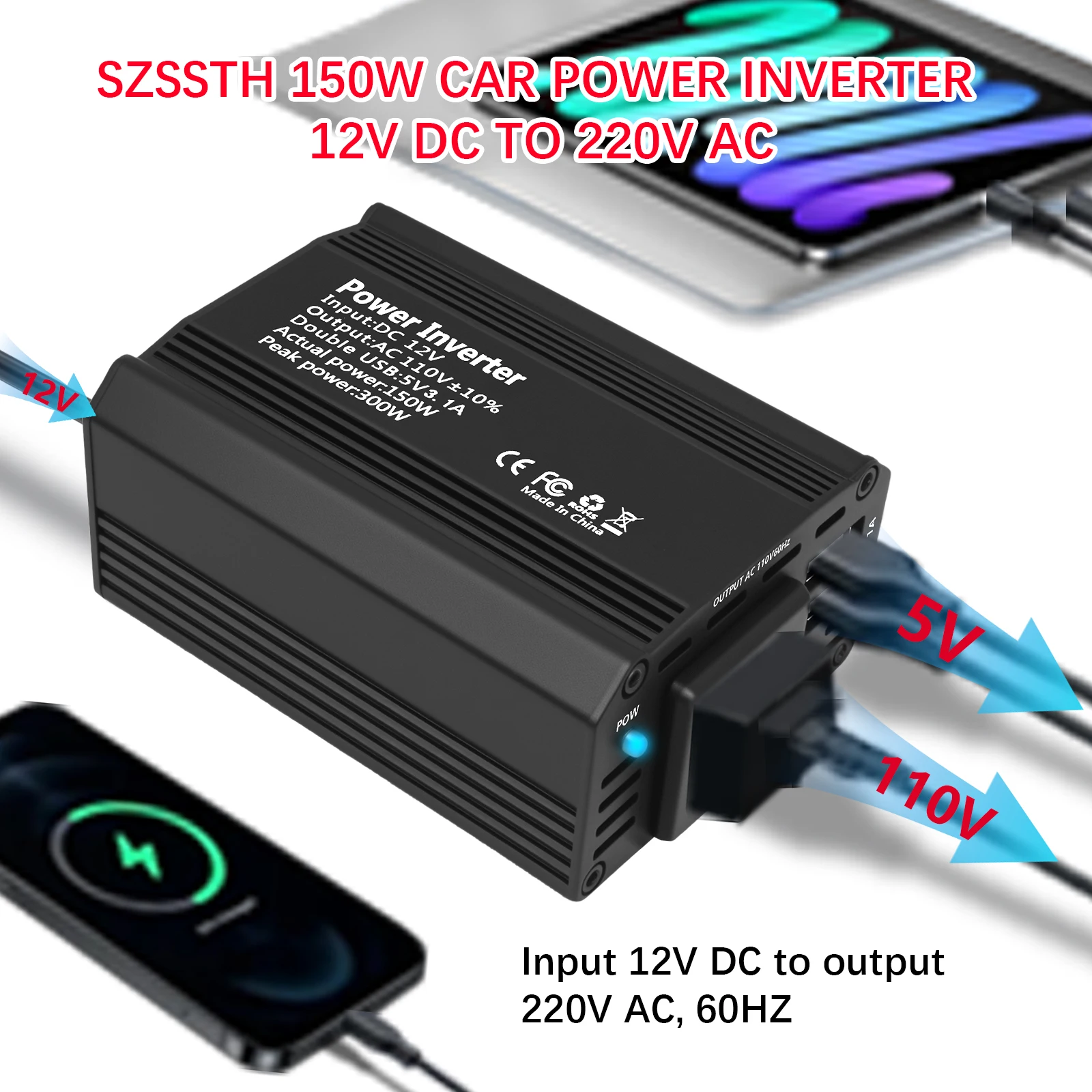 تيار مستمر 12 فولت إلى 110 فولت التيار المتناوب سيارة العاكس 300 واط تيار مستمر إلى التيار المتناوب محول طاقة محول أوتوماتيكي مع مقبس الولايات المتحدة المزدوج USB الولايات المتحدة التوصيل