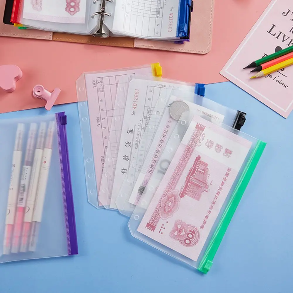 A6/A5 6 Ring Binder Pocket File Organizer Storage Folder PVC Transparent Loose Leaf Pouch with Self-Styled Zipper Filing Binder