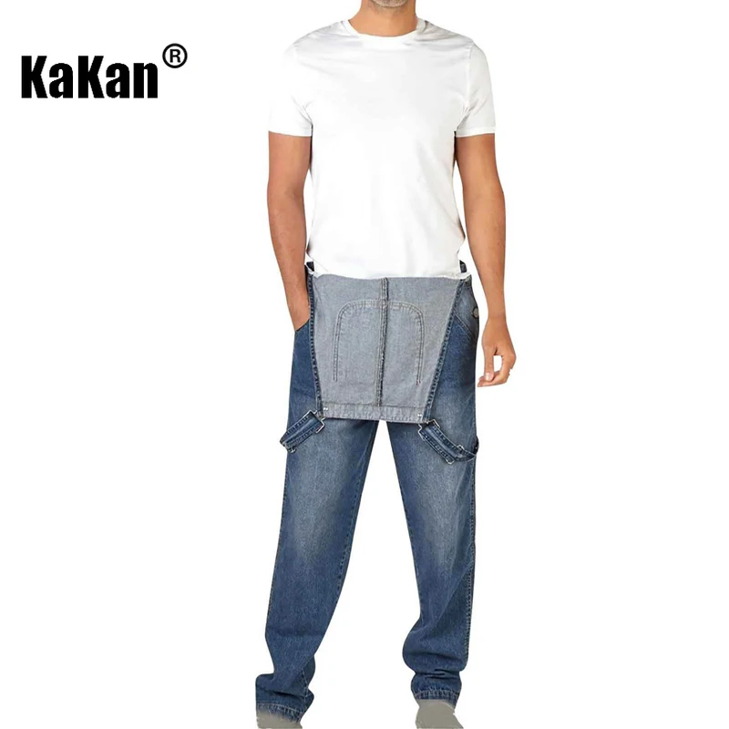Kakan - Men's Retro Small Foot One Piece Long Jeans, Solid Color Large Size Personalized Strap Jeans
