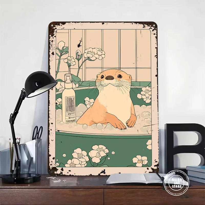 Cute Otter in a Bubble Bath Printed Poster Customized Retro Wall Art Vintage Metal Tin Signs for Room Decorations Man Cave Decor