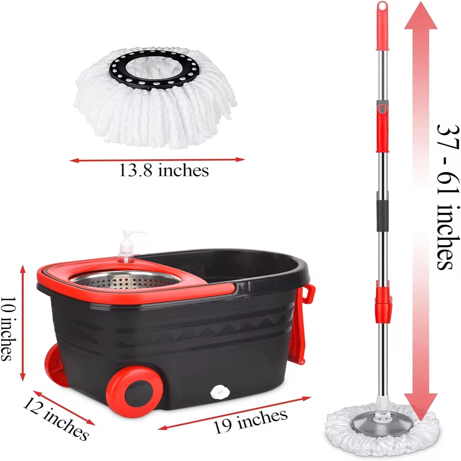 ° Spin Mop Bucket Sets Wrings System, Bucket with Wheels and 61''/155cm Extendable and Adjustable Handle, Dry wet separation