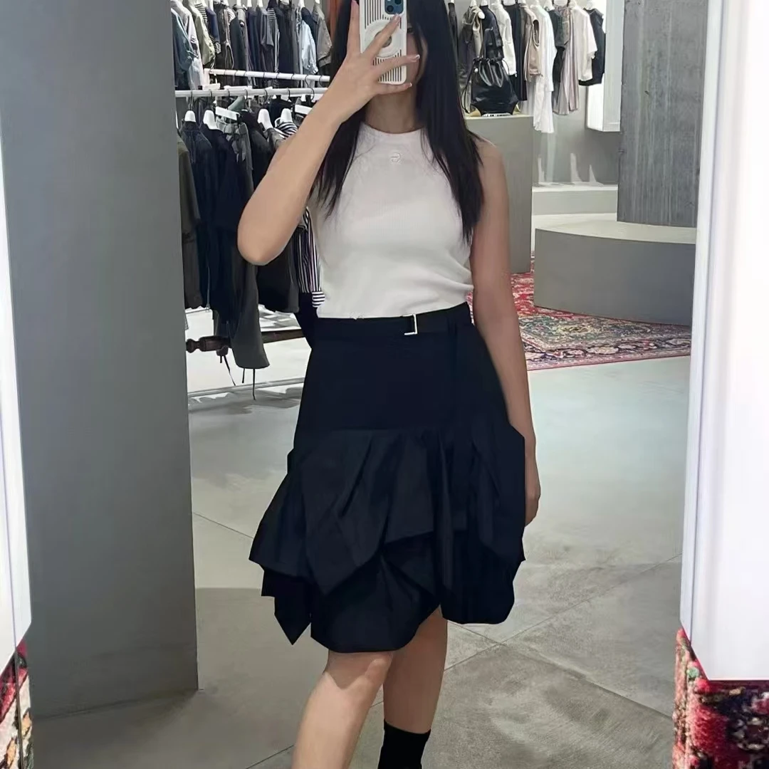 FOG SACAI Japanese Sle Spring Summer 2025 Asymmetrical Cotton Blend A-Line Bla  Skirt High Waist Commute Sle