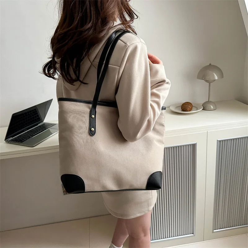 

Splicing Large Shoulder Bag for Women's Retro Foreign Style Tote Bag 2024 New Large Capacity Korean Canvas Shoulder Bag
