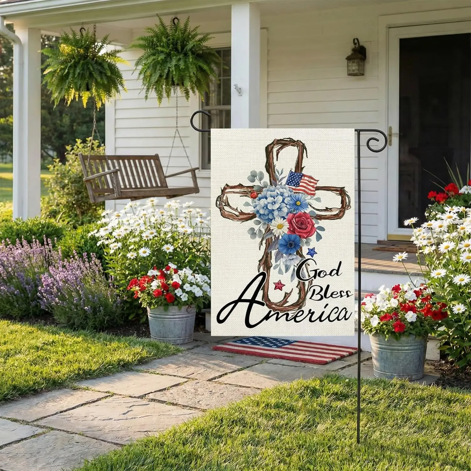 CROWNED BEAUTY 4th of July Garden Flag Patriotic Cross 12x18 Inch Double Sided Small God Bless America Seasonal Holiday Deco jjp