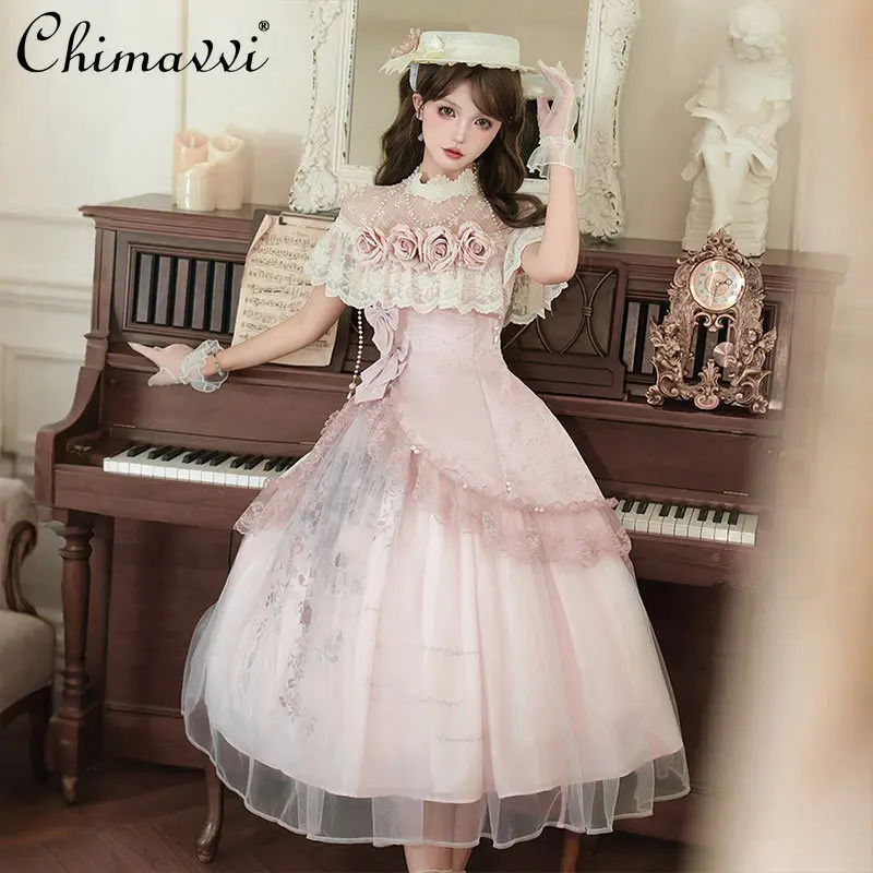 

Lolita Dress Set Super Fairy Princess Vintage Round Neck Short Sleeve Dress Top + Long Skirt Sweet Girl Womens Two-piece Set