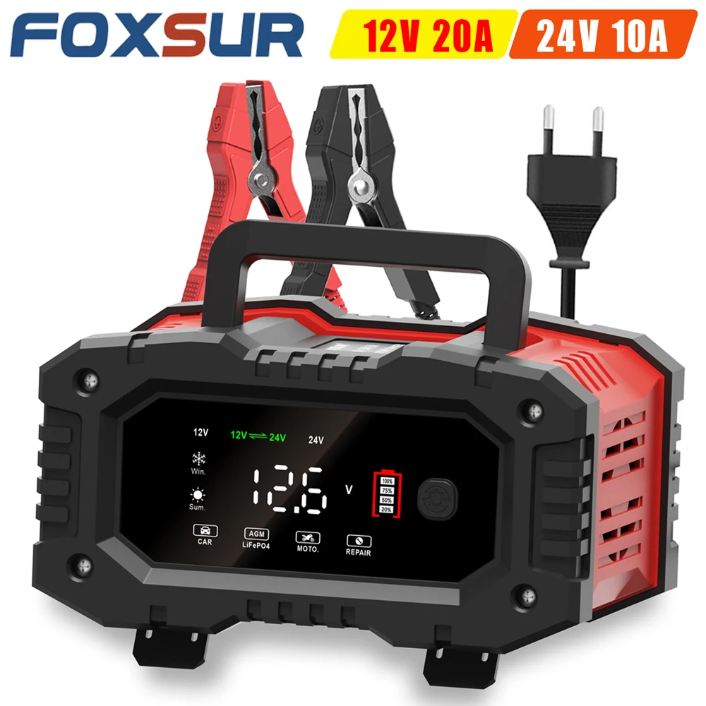 FOXSUR Portable Car Battery Charger 12V 20A 24V 10A Motorcycle Truck AGM LiFePO4 Lead Acid Battery Fully Auto Repair Maintainer