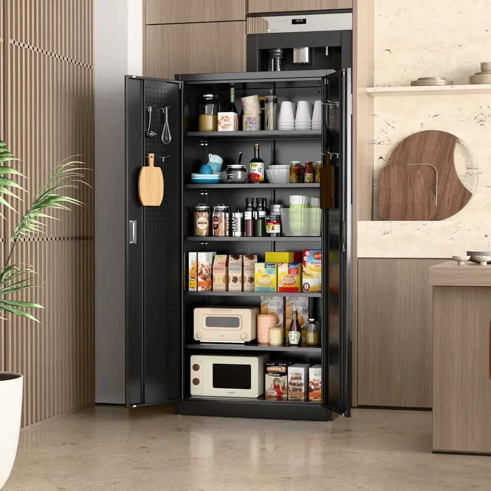 

Garage Storage Cabinet with Pegboards, Lockable Metal Storage Cabinet with 5 Adjustable Shelves and 4 Hooks for Garage