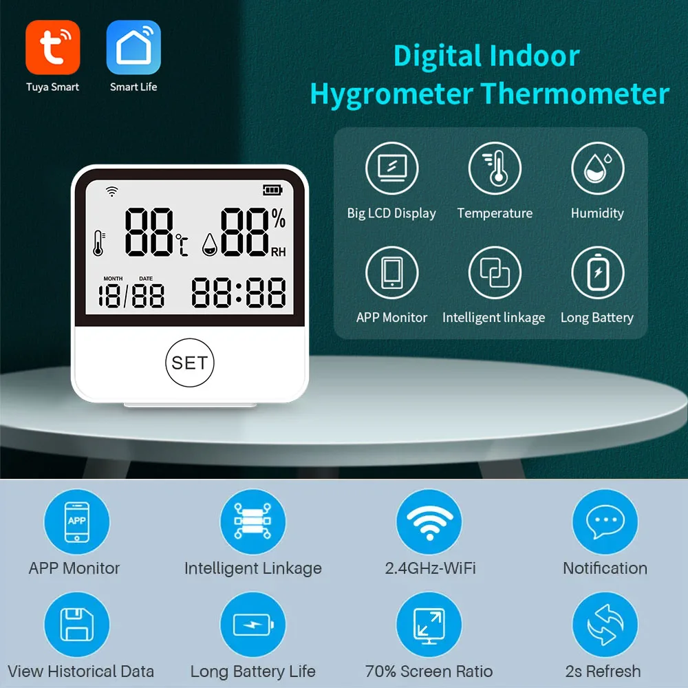Tuya Smart Wifi Temperature Humidity Sensor Indoor Hygrometer Thermometer Remote Real-time Monitoring Support Alexa Google Home