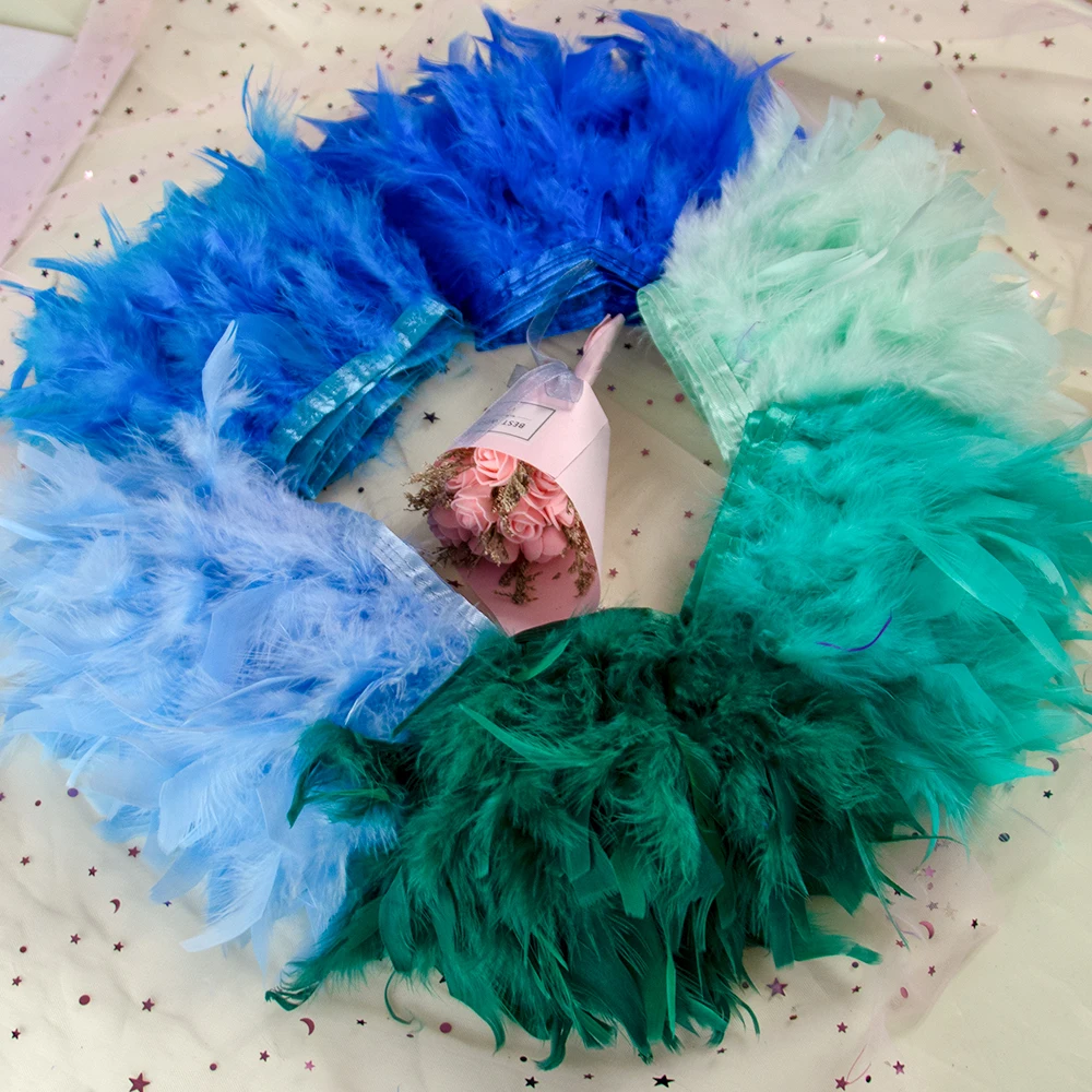 1M 10-15CM adorno de plumas de pavo flecos cinta de Plumas de marabú azul para manualidades costura ropa accesorios de decoración de vestido de boda