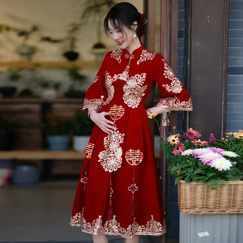 

Новинка! Женское платье Materni Wedding Dr в китайском стиле с завышенной талией для церемоний, весна-лето, большие размеры