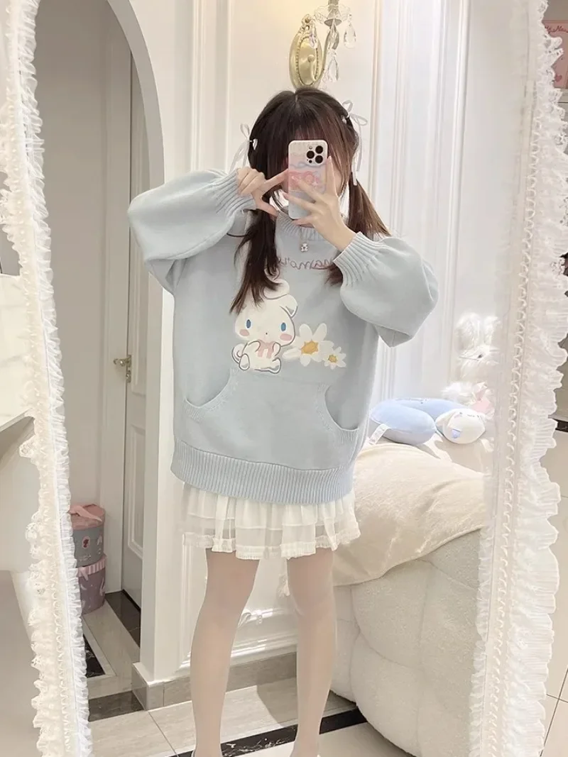 

Spring Lolita Clothes Cinnamoroll Embroidered Sweater Soft Girl Student Cute Knitwear Y2k Top Sweet Blue Pullovers Sweaters