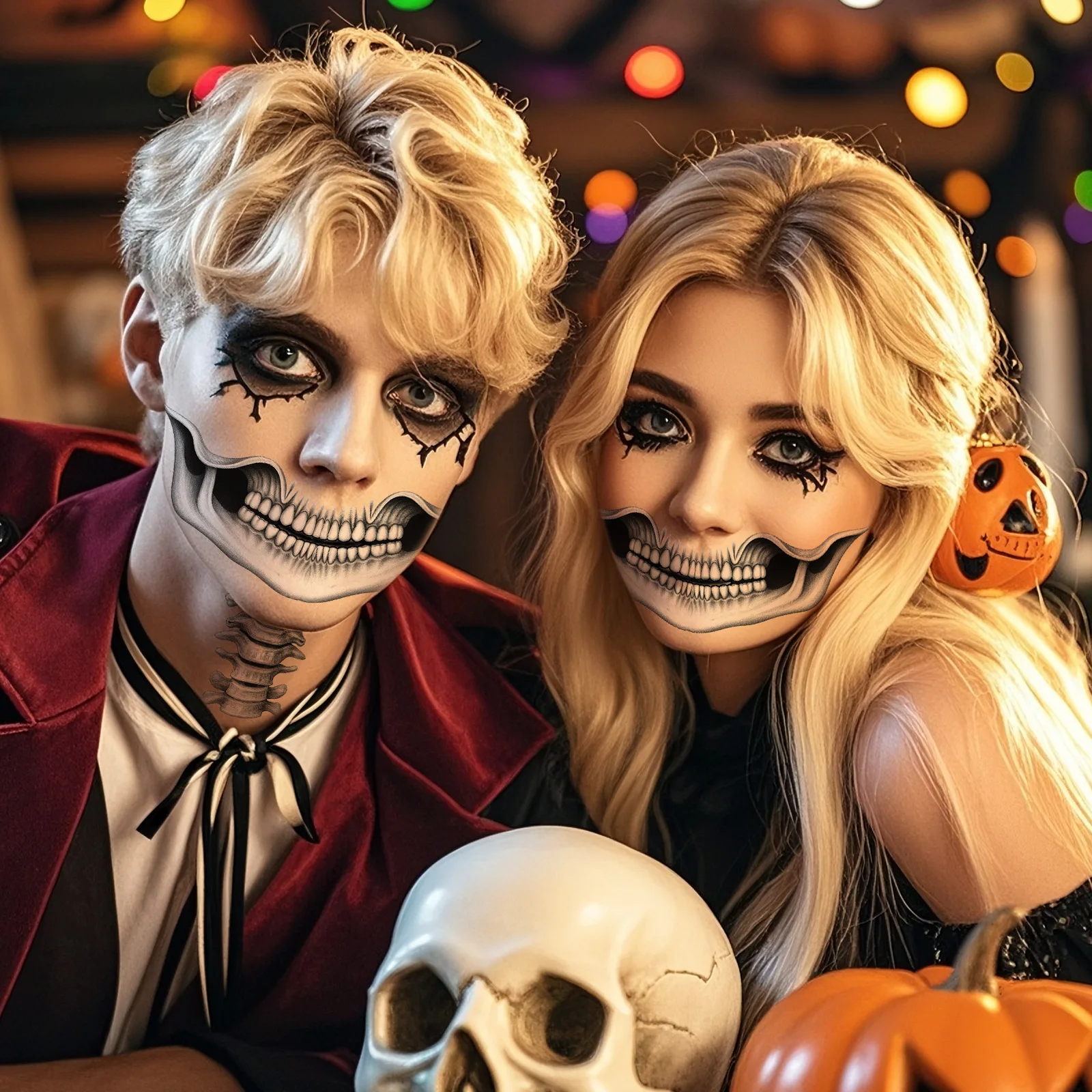 Halloween Temporary Tattoo Stickers Skeleton Spine Horror Lip Tattoo Neck Joker Temporary Tattoos For Men Women Halloween Decor