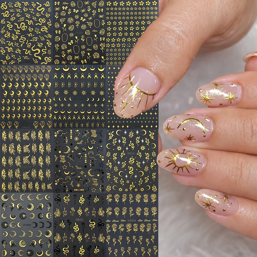 12pcs/set Bronzing Gold Star Moon Sun Nail Sticker 3D Flower Snake Butterfly Bohemia Style Nail Decals Y2k Manicure DIY Decorati