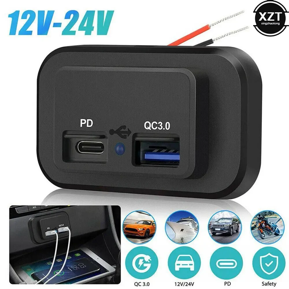 PD QC3.0 Car Charger Socket Quick Charge 12V/24V For Motorcycle Auto Truck ATV RV Bus Dual USB Power Adapter Outlet LED Light