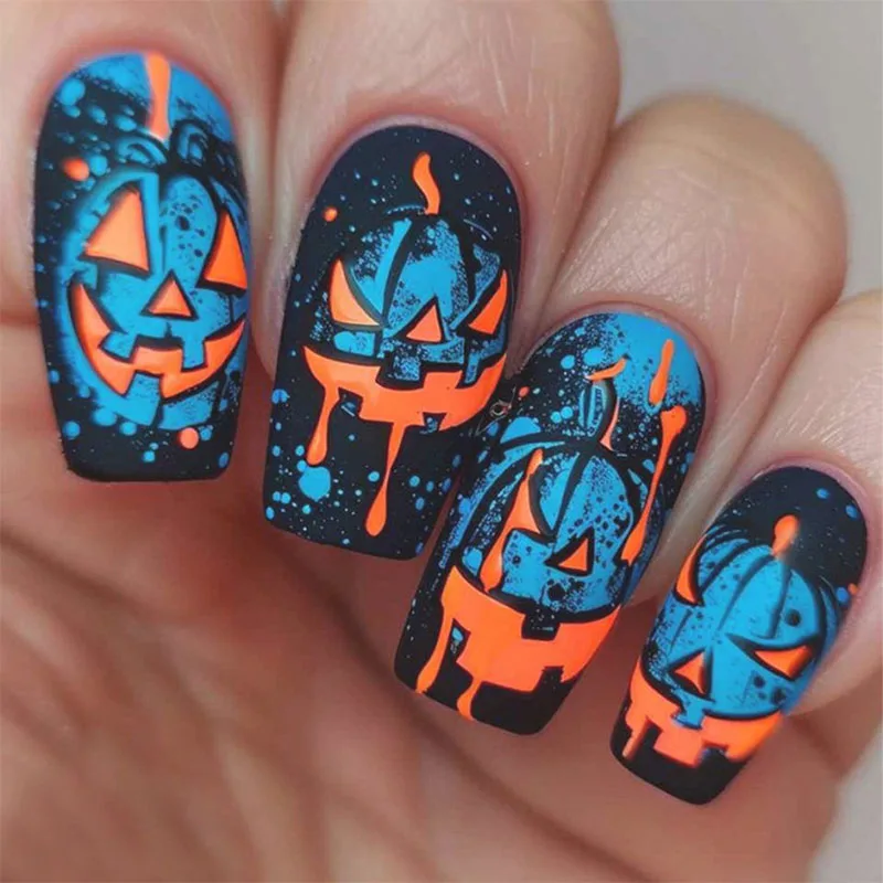 

24Pcs Long Square Press on Nails - Halloween Party Design with Mechanic-shaped Pumpkin in Yellow & Blue Color Block