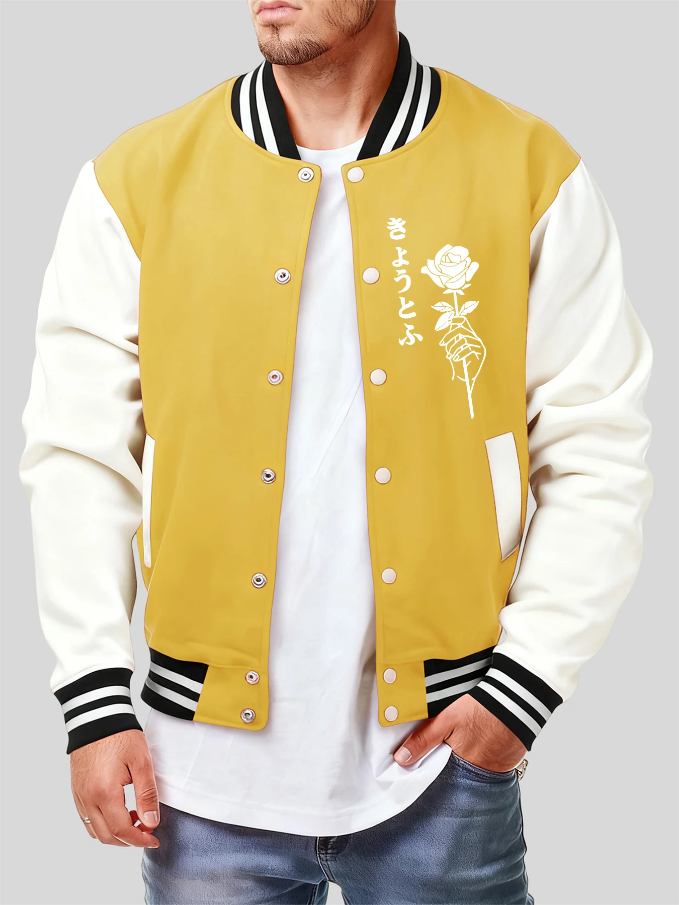 

Kyoto Prefecture White Rose Print Men Jacket Autumn Streetwear Simplicity Casual Coat Fleece Baseball Jersey Fashion Clothing