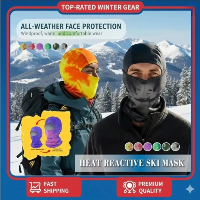Wärmereaktive Sturmhaube, temperaturempfindliche, farbwechselnde Skimaske, Vollkopfbedeckung für Motorradfahren, Wandern, Radfahren, Winter