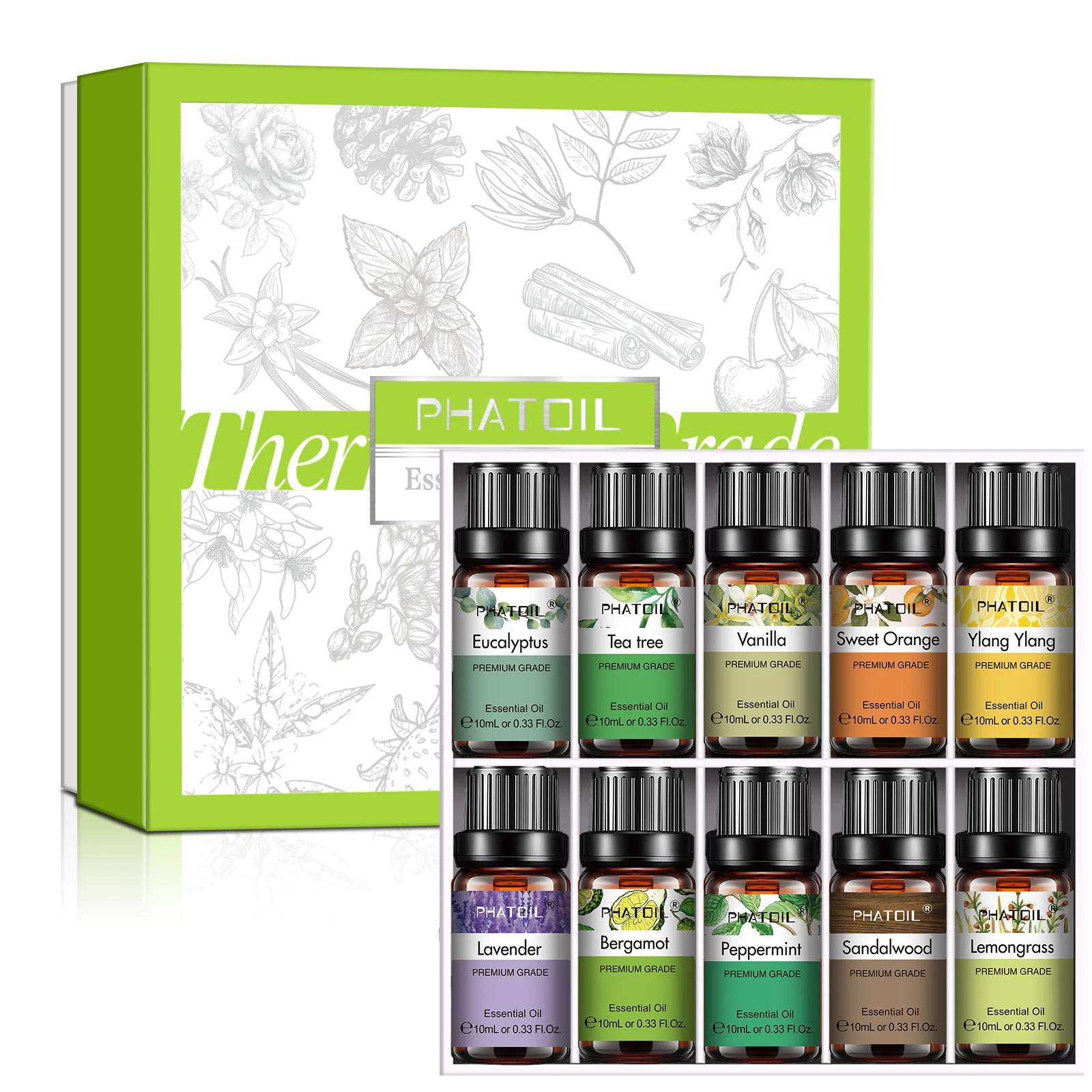 PHATOIL-Juego de aceites esenciales para difusor, 10ml, lavanda, eucalipto, bergamota, vainilla, sándalo, aceites aromáticos para árbol de té, 10 Uds.