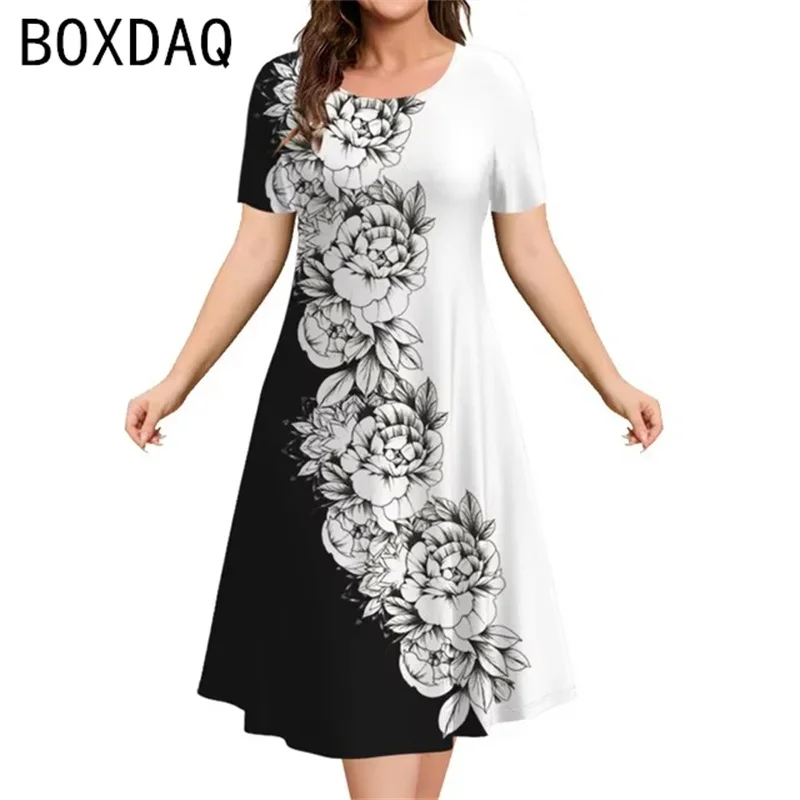 Plus Size Womens A-Line Dress Vintage 3D Flowers Pattern Casual Mini Dress Female Summer Short Sleeve O-Neck Loose A-Line Dress