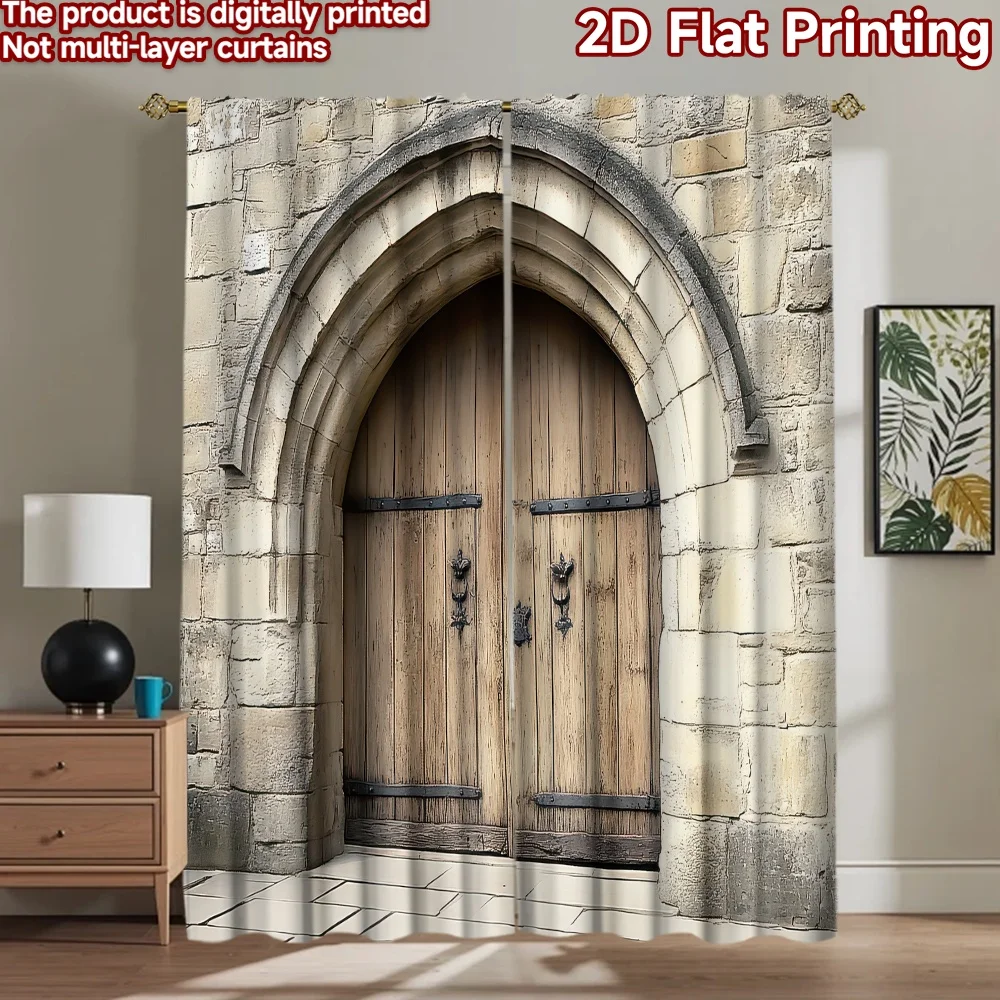 2D flat 2pcs Curtain Home Short Curtains Stone Arch Wooden Door (3) Durable polyester fiber Birthday Party for Festive for