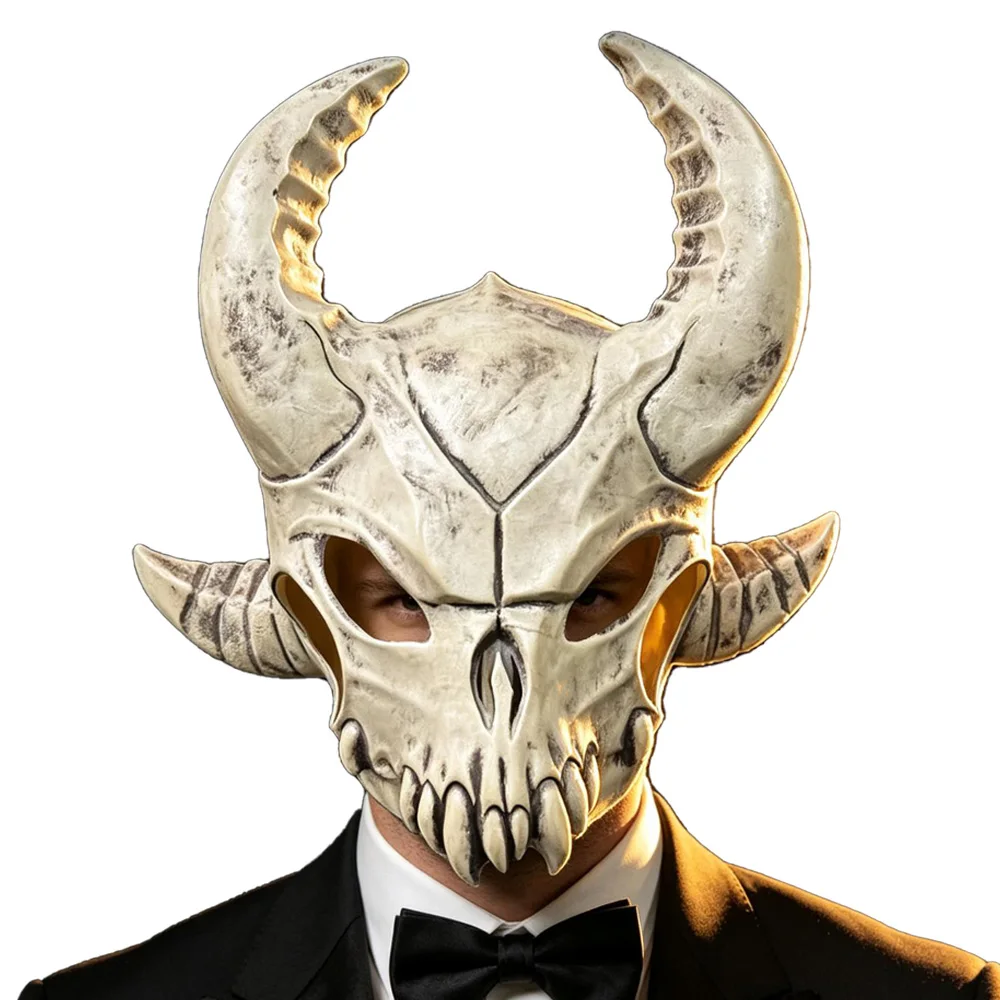 Gothic Demon Horn Skull Mask Cosplay Devil Animal Ox Horn Latex Masks Halloween Carnival Dress Up Party Costumes Props