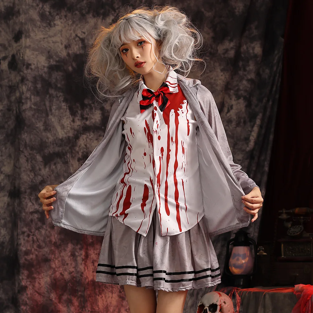 Boys Girls Zombies Cosplay Costume Halloween Horror Role Playing Sets Children Bloodstain Student Uniform Kids Vampire Clothes