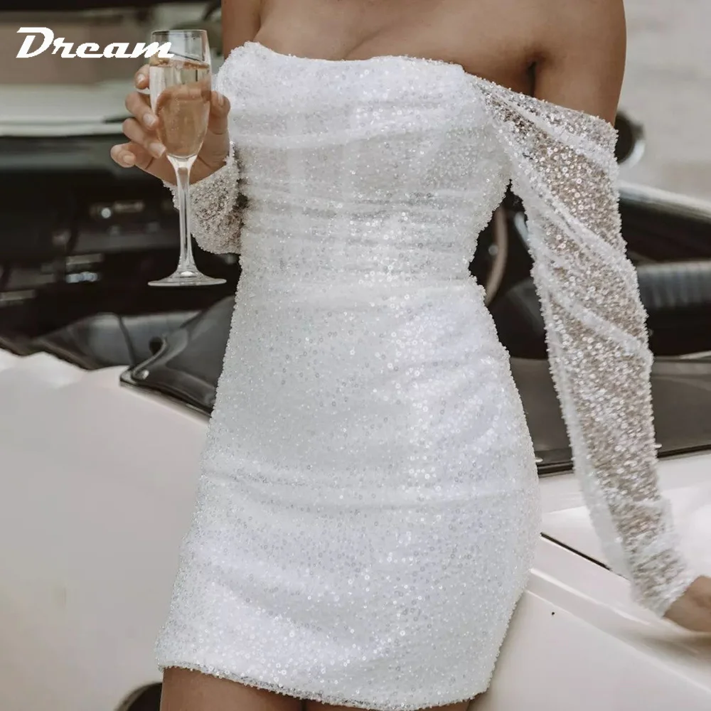 DREAM Customized Off Shoulder Beading Mini Sheath Short Wedding Dress For Women Shiny Long Sleeves Above Knee Bridal Gown 2024