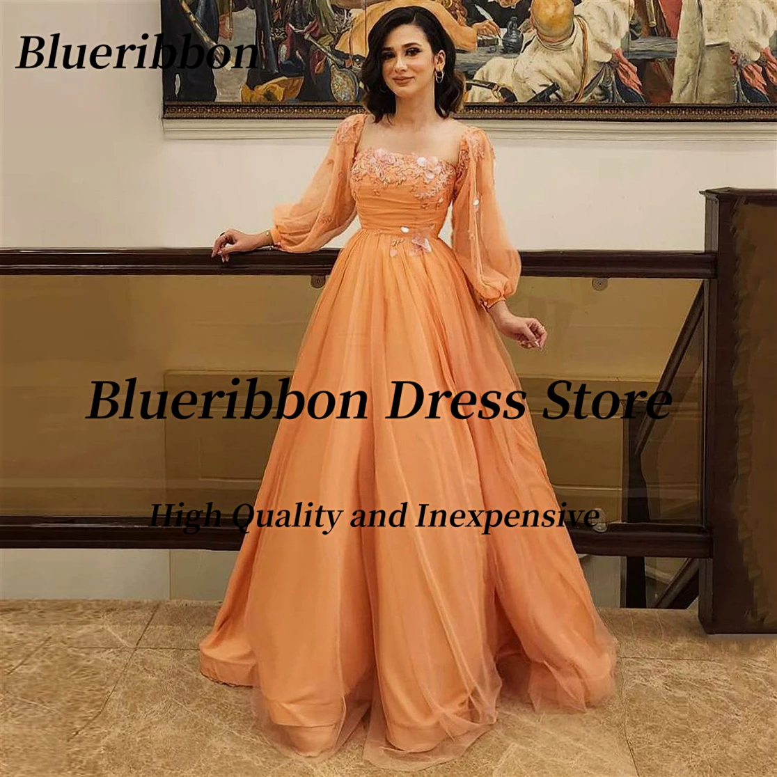 

Blueribbon Vestido Para Fiesta De Noche Elegante Women Wear Applique Long Sleeves Prom Dresses Tulle Birthday Party Evening Gown