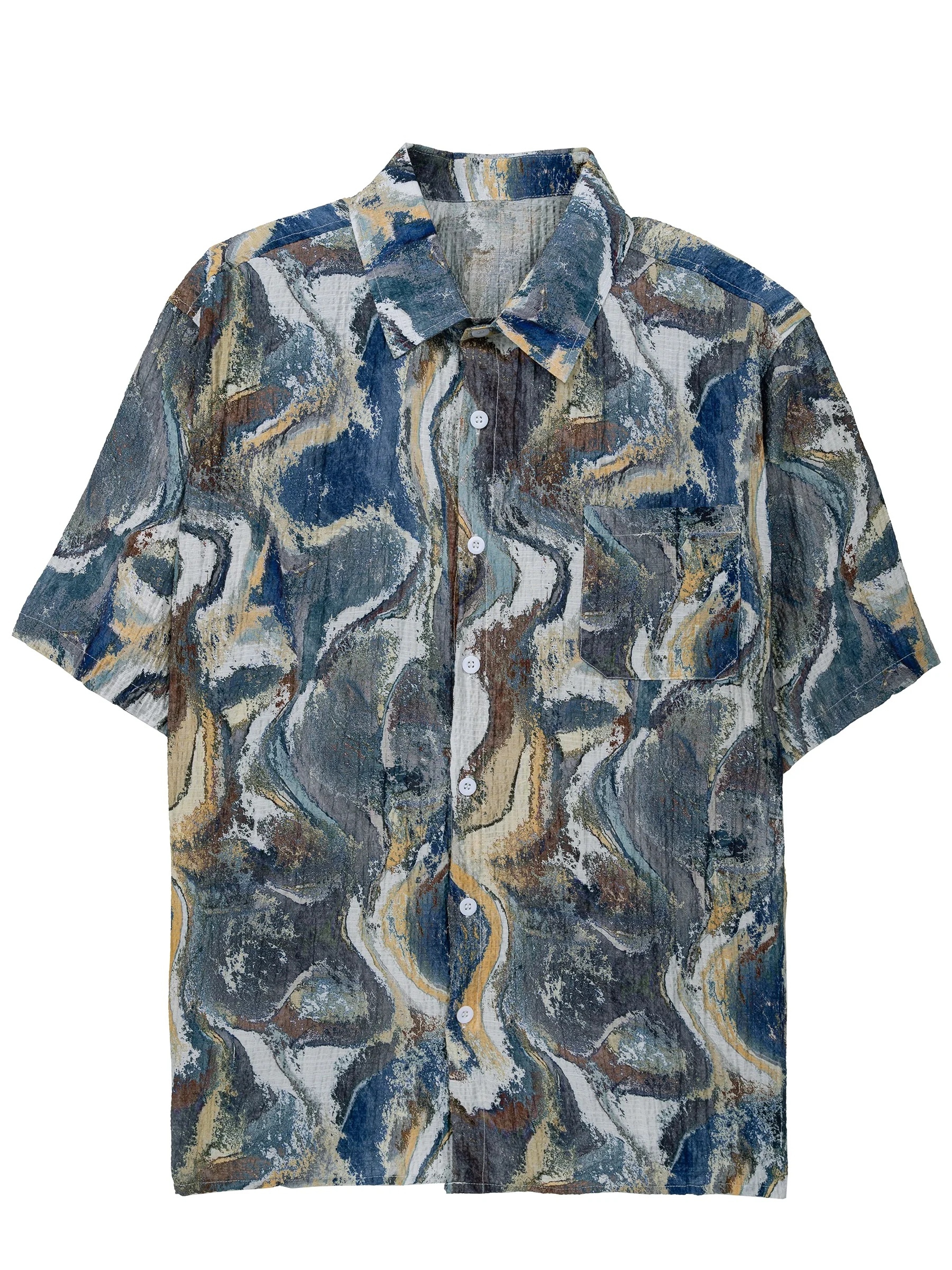 Men's Printed Shirt, Ink-Wash Fashion Beach Carousel With Buttons, Lapel Pockets, High-Quality Summer Short-Sleeved Top