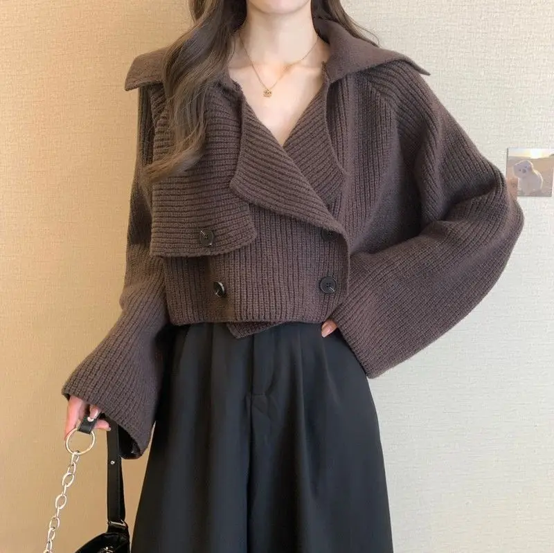 كسول نمط التلبيب شيك سترة بأكمام طويلة للنساء 2025 الخريف والشتاء قصيرة سترة مشغولة من الصوف قمة عصرية متعددة الاستخدامات