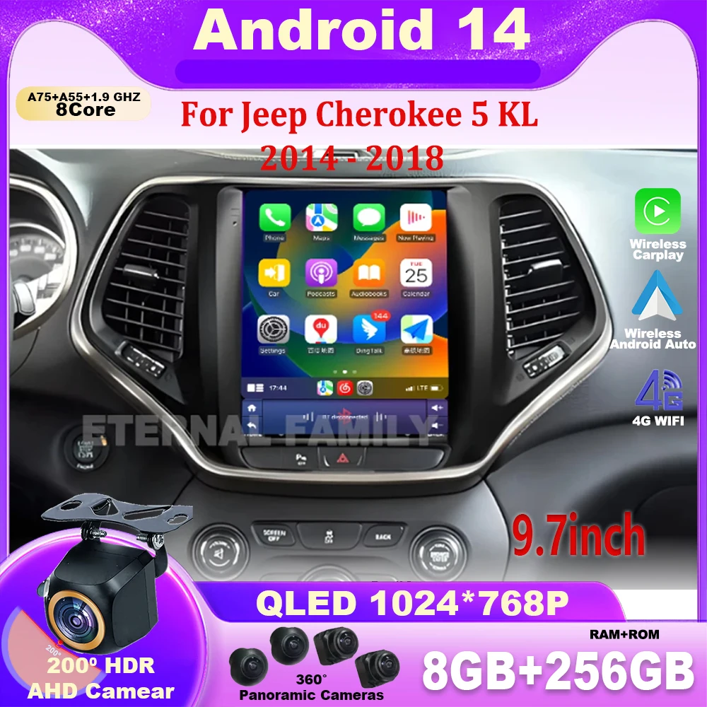 

9" 9.7" For Jeep Cherokee 5 KL 2014 - 2018 Android 14 Car Radio Multimedia Video Player Navigation GPS Stereo Wireless Carplay