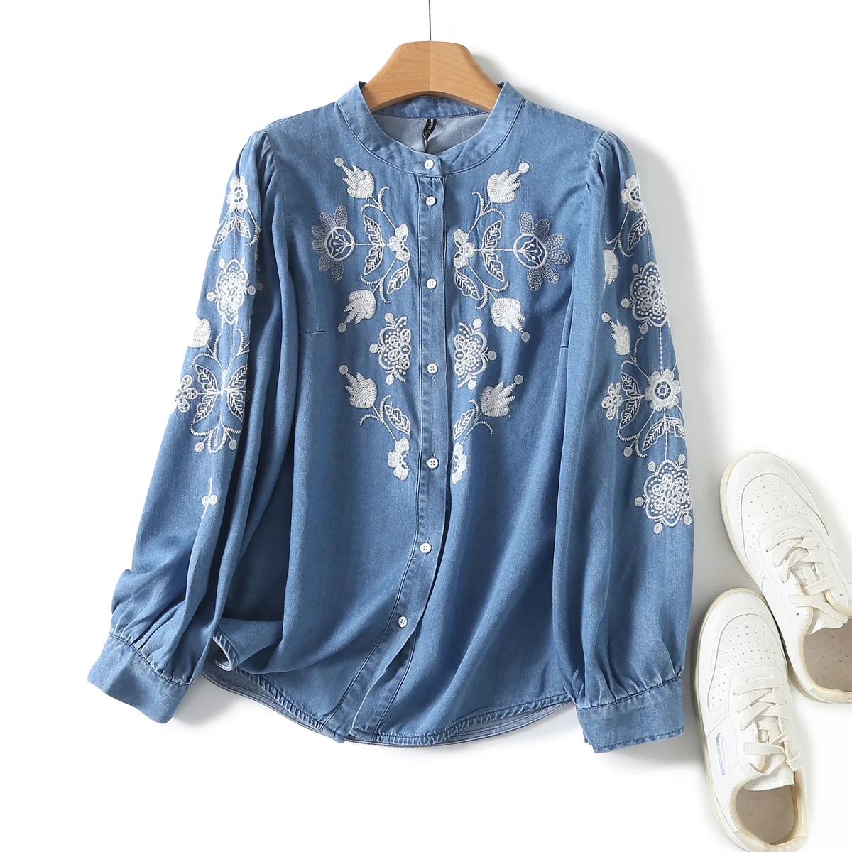 

Streetwear 2026 floral embroidery shirt for women long sleeve denim blouse vintage stand collar embroidern denim shirts