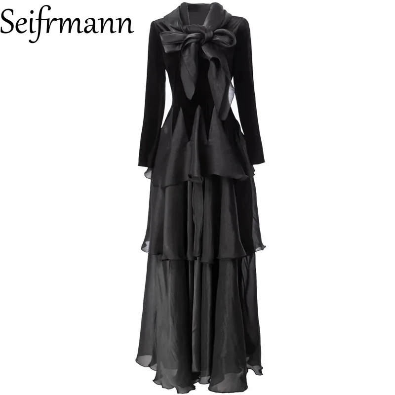 Seifrmann 2026 primavera nova luz feminina luxo elegante com decote em v manga longa cintura com borda de folha de lótus vestido de cor sólida