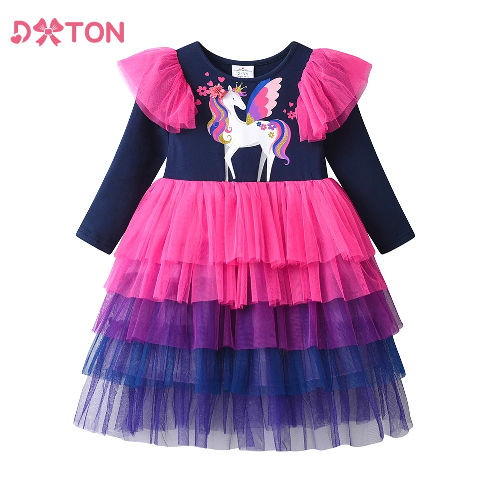 DXTON Licorne Children Dress Ruffles Sleeve Princess Tutu Dress Layer Tulle Vacation Kids Costume Floral Girls Casual Dresses