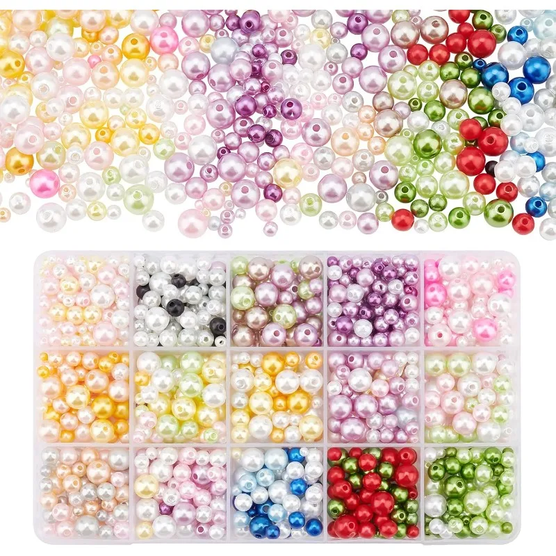 

1125pcs Imitation Pearl Beads 15 Colors Glass Pearls Beads ABS Plastic Loose Spacer Round Pearlized Bead Bulk for Jewelry