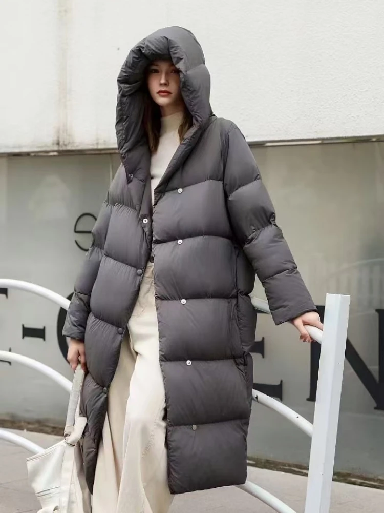 90er weiße Entendaunen-Puffs, lange Daunenjacke für Damen, verdickte warme Kapuzen-Pufferjacke, knielang, lockere warme Wintermäntel für Damen