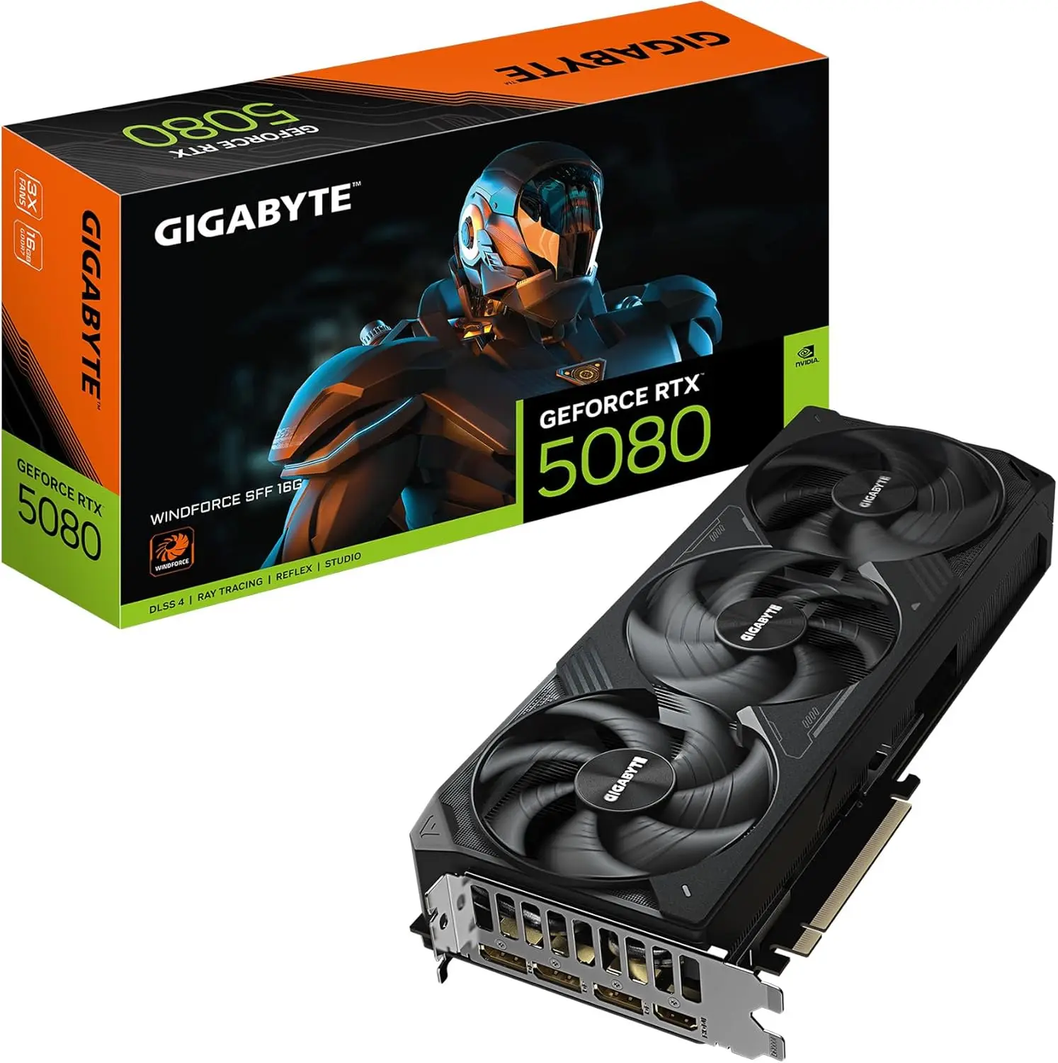

Видеокарта GIGABYTE GeForce RTX 5080 WINDFORCE SFF 16G, 16 ГБ 256-бит GDDR7, PCIe 5.0, система охлаждения WINDFORCE, GV-N5080WF3